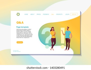 Corporate website Q&A page flat vector template. Question and answers webpage design layout with text space. Customer helpline, client support user interface. Cartoon male, female characters Corporate website Q&A page flat vector template. Question and answers webpage design layout with text space. Customer helpline, client support user interface. Cartoon male, female characters