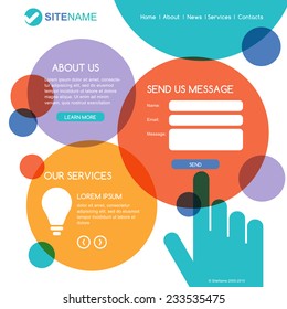 Corporate website template. Modern flat web design. Touch interface with hand pointer symbol. Colorful circles vector background.