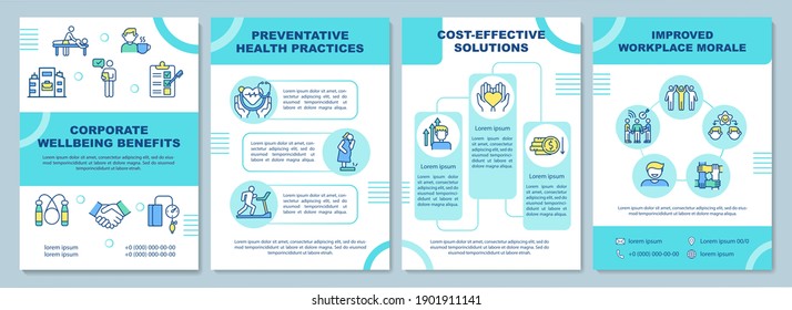 Corporate wellbeing benefits brochure template. Health practices. Flyer, booklet, leaflet print, cover design with linear icons. Vector layouts for magazines, annual reports, advertising posters