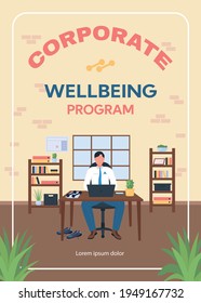 Corporate Wellbeing Program Poster Flat Vector Template. Manager At Desk. Employee Health. Brochure, Booklet One Page Concept Design With Cartoon Characters. Workplace Workout Flyer, Leaflet