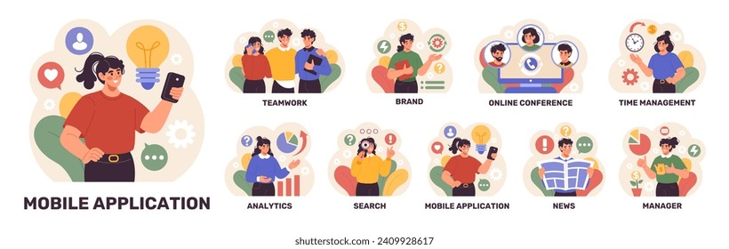 Corporate work. Business team. Creative persons meeting. Woman career success. Online conference. Time management. Project development. Analytics search. Managers job. Vector modern tidy concepts set