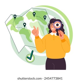 Corporate work. Delivery company. Woman searching location with magnifier at world map. Route pins. Business shipment. Global navigation. Shipping destination. Logistics way finding. Vector concept