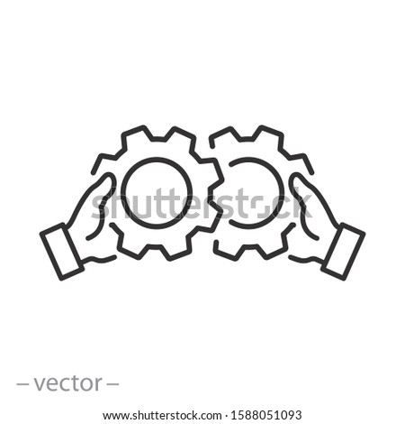 corporate work icon, mechanical gears, setting cog wheels, engine circle, thin line web symbol on white background - editable stroke vector illustration eps10