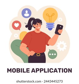Corporate work. Mobile application. Phone business technology. Woman holding smartphone. Idea lamp. App developer. Company digital service user. Online communication. Office employee. Vector concept
