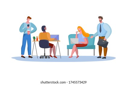 corporate work scene discussing important working moments between employees in a cozy atmosphere of an open office space, people work at a computer and discuss work