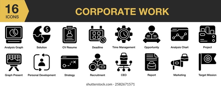 Corporate Work solid icon set. Includes work, business, corporate, professional, people, and More. Solid icons vector collection.