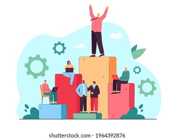 Corporate workers achieving success in business. Flat vector illustration. People making career, reaching top of professional hierarchy. Career ladder, growth, business, teamwork concept for design