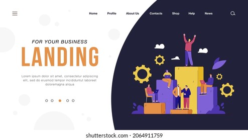 Corporate workers achieving success in business. Flat vector illustration. People making career, reaching top of professional hierarchy. Career ladder, growth, business, teamwork concept for design