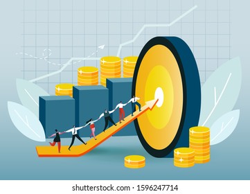 Corporate workers climb arrow to target. People rise their skills. Employees achieve goal. Teamwork increases profits. Conceptual vector illustration EPS 10 on light blue background