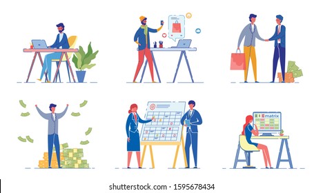 Corporate Workers Flat Vector Illustrations Set. Analyst, Marketer, Project Manager Working Isolated Design Elements Pack. Successful Rich Businessman Cartoon Character. Office Employees Collection