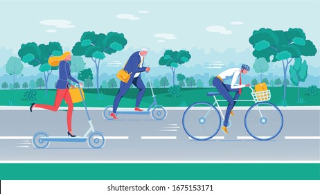 Corporate Workers in Hurry to Work. Woman Dressed Smart and Wearing High Heeled Shoes Riding Scooter to Get to Office, as Well as Senior Man in Business Suit. Young Ambitious White Collar on Bicycle.