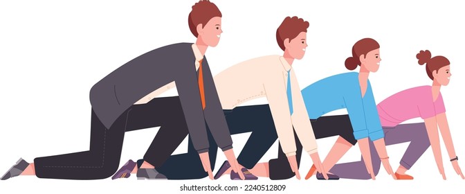 Corporate workers ready to race. Team work challenge isolated on white background
