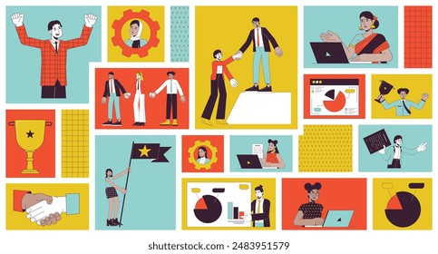 Corporate workers success bento grid illustration set. Team leader teamwork, pie charts 2D vector image collage design graphics collection. Remote employees laptops flat characters moodboard layout