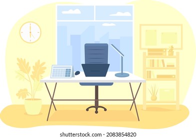 Corporate workplace 2D vector isolated illustration. Desk with laptop in room. Workstation for employee. Company inteior flat scenery on cartoon background. Business organization colourful scene