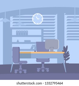 Corporate workplace decor flat color illustration. Empty office workspace interior design vector cartoon drawing. Company room indoors. Desktop, computer, chairs, wall clock, cabinet with folders