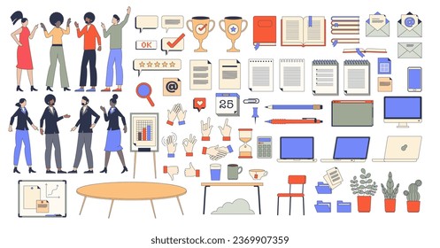 Corporate, workplace and office elements in retro tiny person collection set. Business stationary items, work management tools and employee teamwork assets vector illustration. Company job supplies.