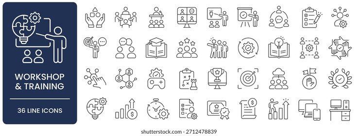 Conjunto de ícones de linha de treinamento e workshop corporativo com traço editável. Coleção de seminário, treinamento, educação, trabalho em equipe, apresentação, aprendizado, conferência, reunião, estratégia e símbolos de habilidades.