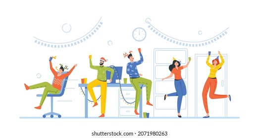 Corporate Xmas Party. Joyful Managers or Colleagues Characters Celebrating Holiday Together. Happy Business Men and Women Fun, Drinking Champagne in Office. Cartoon People Vector Illustration - Shutterstock ID 2071980263