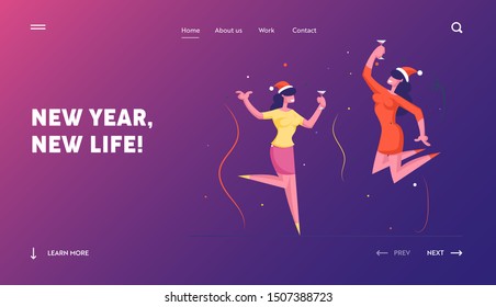 Corporate Xmas Party Website Landing Page. Happy Business Colleagues in Santa Hats Celebrating Christmas in Office Dancing and Jumping with Hands Up Web Page Banner. Cartoon Flat Vector Illustration