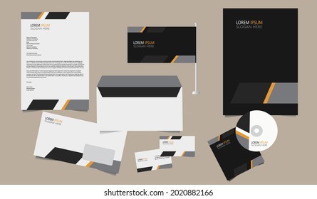 corporates branding identity and stationary classic  dark green yellow and grey letterhead business card ,envelop business flag cd and etc.