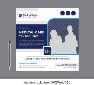 Corporate Healthcare und Medical Social Media Post Design Template Layout. Krankenhaus Flyer, Klinik Social Media Post Design Vektor Set. Kreative moderne Medical Social Media Post Design Vektor Vorlage