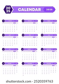 Corporate-style 2025 calendar with a purple tone, designed for business and office environments