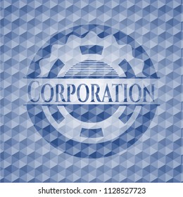 Corporation blue emblem with geometric background.