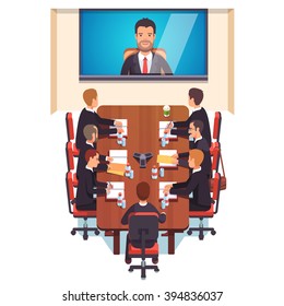 Corporation directors board at the conference call meeting with CEO at the video call projection screen. Flat style color modern vector illustration.