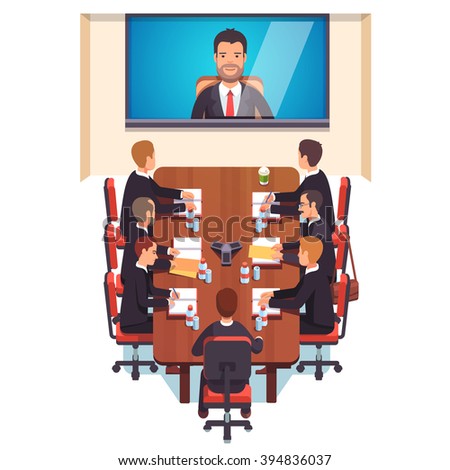 Corporation directors board at the conference call meeting with CEO at the video call projection screen. Flat style color modern vector illustration.