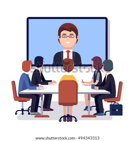 Corporation directors board at the conference call meeting with CEO at the video projection screen. Modern colorful flat style vector illustration isolated on white background.