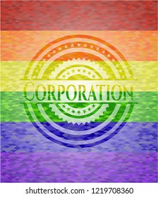 Corporation emblem on mosaic background with the colors of the LGBT flag