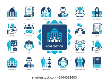 Unternehmenssymbolsatz. Regierung, Organisation, Investition, beschränkte Haftung, Gewinn, Verwaltung, Aktionär, Recht. Zweifarbige Volltonsymbole