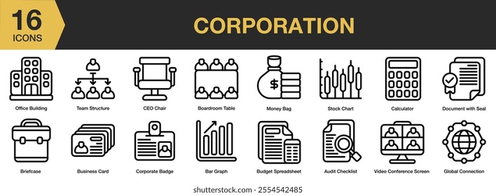 Corporation icon set. Includes office building, ceo chair, stock chart, calculator, bar graph, briefcase, and More. Outline icons vector collection.