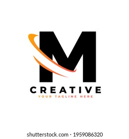 Corporation Letter M Logo With Creative Curved Swoosh Icon Vector Template Element in Black and Yellow Color.