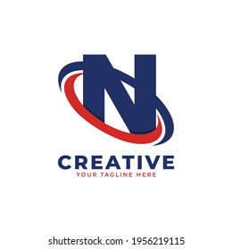 Corporation Letter N Logo With Creative Circle Swoosh Orbit Icon Vector Template Element in Blue and Red Color.