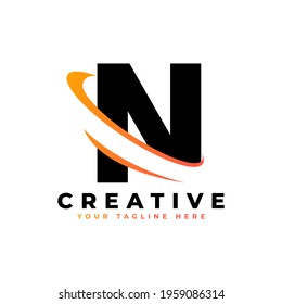 Corporation Letter N Logo With Creative Curved Swoosh Icon Vector Template Element in Black and Yellow Color.