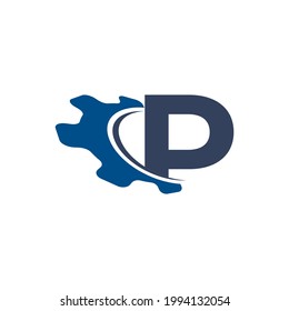Corporation Letter P with Swoosh Automotive Gear Logo Design. Suitable for Construction, Automotive, Mechanical, Engineering Logos