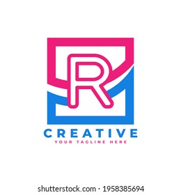Corporation Letter R Logo With Square and Swoosh Design and Blue Pink Color Vector Template Element