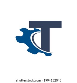 Corporation Letter T With Swoosh Automotive Gear Logo Design. Suitable For Construction, Automotive, Mechanical, Engineering Logos