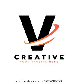 Corporation Letter V Logo With Creative Curved Swoosh Icon Vector Template Element in Black and Yellow Color.