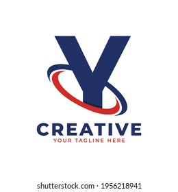 Corporation Letter Y Logo With Creative Circle Swoosh Orbit Icon Vector Template Element in Blue and Red Color.