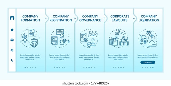 Corporation life cycle onboarding vector template. Company governance and liquidation. Corporate law. Responsive mobile website with icons. Webpage walkthrough step screens. RGB color concept