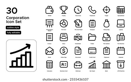 Corporation Line Icon Set: Corporate Management, Legal Entities, and Commercial Growth Icons