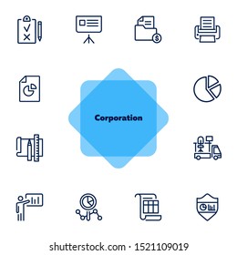 Corporation line icon set. Graph, presentation, report, diagram. Business concept. Can be used for topics like analysis, finance, insurance, startup