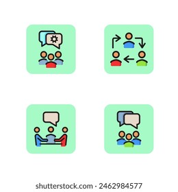 Corporation line icon set. Work process, conference, discussions and teamwork. Business community concept. Vector illustration for web design