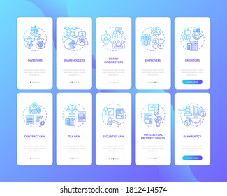 Corporation players onboarding mobile app page screen with concepts set. Board of directors. Walkthrough 5 steps graphic instructions. UI vector template with RGB color illustrations