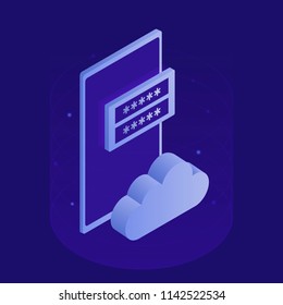 Corporation public data storaging, access for files, modern server room, smartphone, cloud icon, registration form. Modern isometric vector illustration.