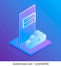 Corporation public data storaging, access for files, modern server room, smartphone, cloud icon, registration form. Modern isometric vector illustration.
