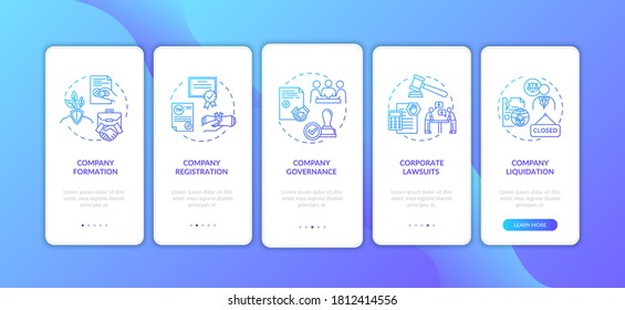 Corporation registration phases onboarding mobile app page screen with concepts. Company governance. Walkthrough 5 steps graphic instructions. UI vector template with RGB color illustrations