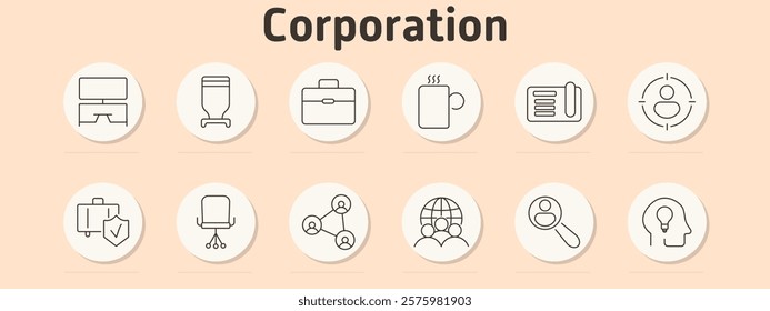 Corporation set icon. Desktop, water cooler, briefcase, coffee cup, document, target, secure suitcase, chandelier, network, global team, magnifier, idea